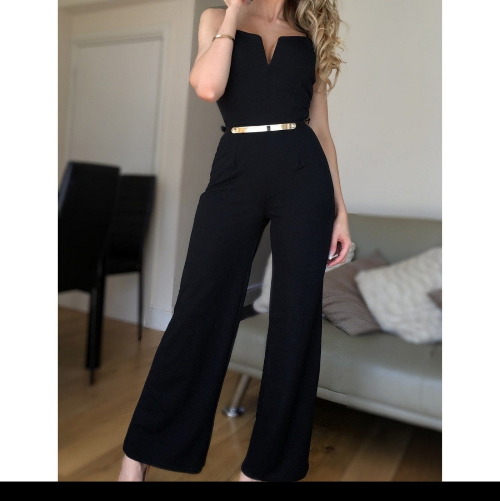 Belted Black Jumpsuit with Low Cut V-Bar